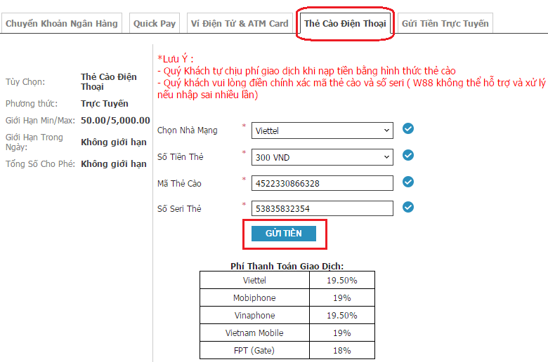 cách gửi tiền lên tài khoản w88 bằng thẻ cào điện thoại