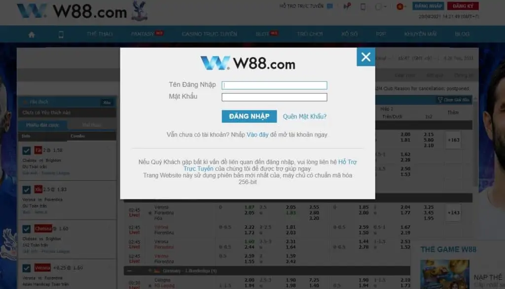 Đăng nhập tài khoản vào nhà cái W88