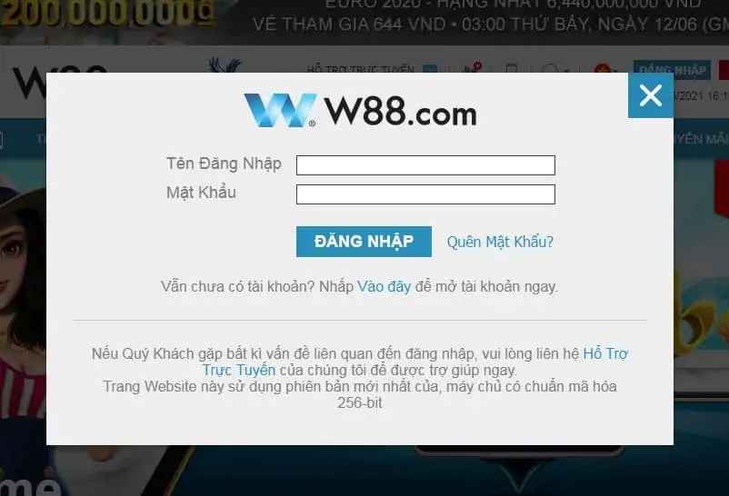 Tiến hành đăng nhập tài khoản tại W88