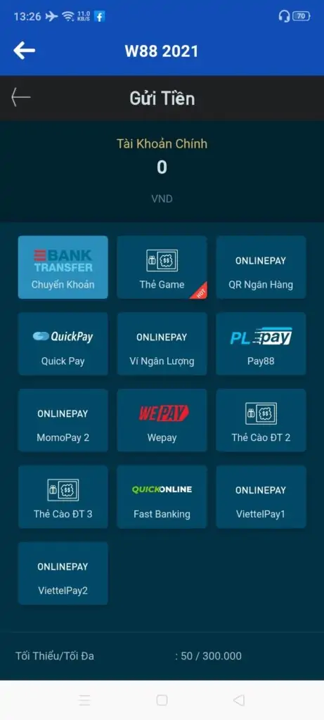Nạp tiền vào tài khoản W88 Mobile