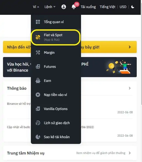 Trên sàn Binance Chọn "Fiat - Spot"