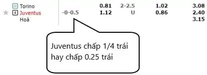 Kèo chấp 0.25 hiển thị theo tỷ lệ cược Hong Kong