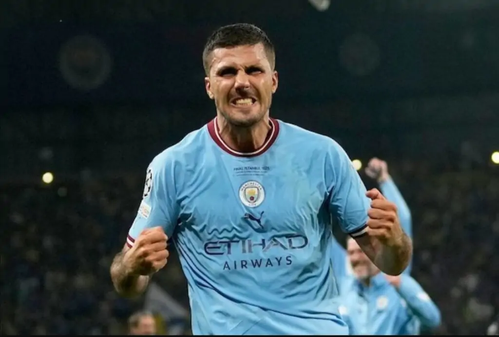 Biểu cảm hạnh phúc của tiền vệ Manchester City, Rodri sau khi ghi bàn vào lưới Inter Milan trong trận chung kết Champions League 2022/2023, Chủ nhật (6/11/2023)